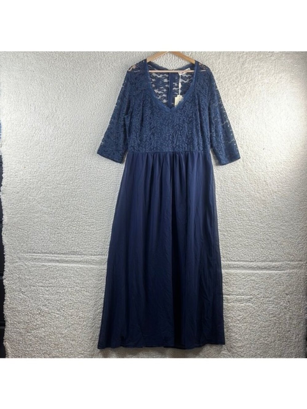 NWT Nemidor Womens Navy V-Neck Half Sleeves Lace Top Chiffon Maxi Dress Size 16